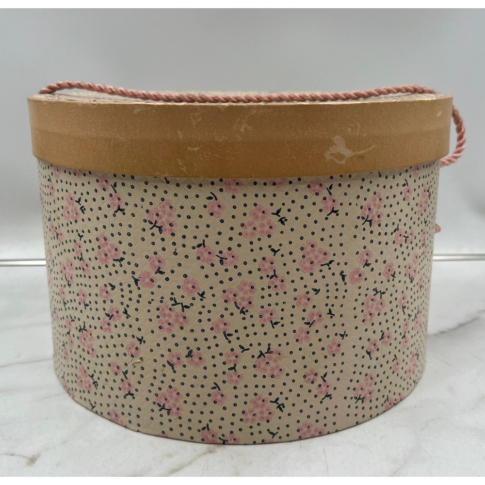 Vintage Round Hat Box Pink Floral Polka Dot Decorative Storage with Handle